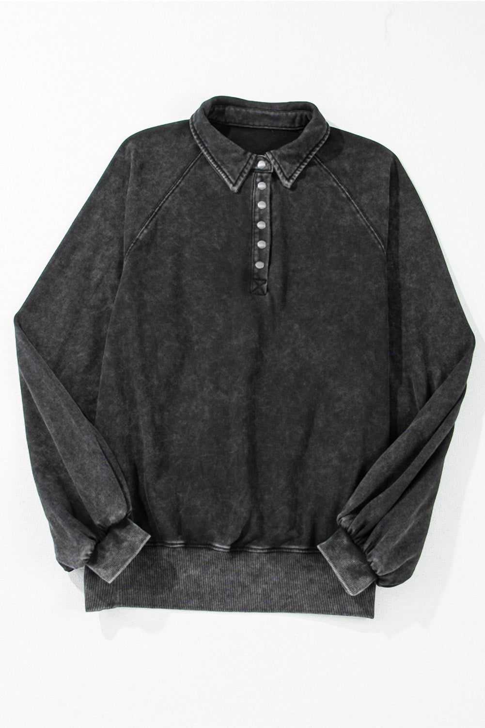 Black Solid Snap Buttons Collared Balloon Sleeve Oversized Sweatshirt eAura