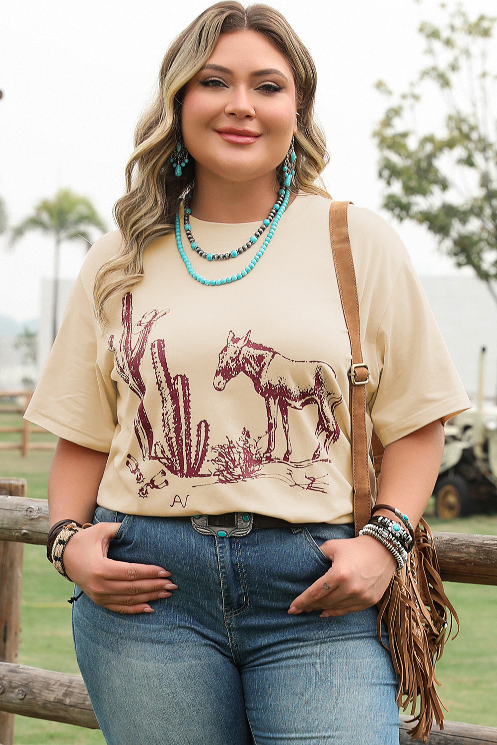 Parchment Western Burro Cactus Crew Neck Graphic Tee BB Fashion Outlet