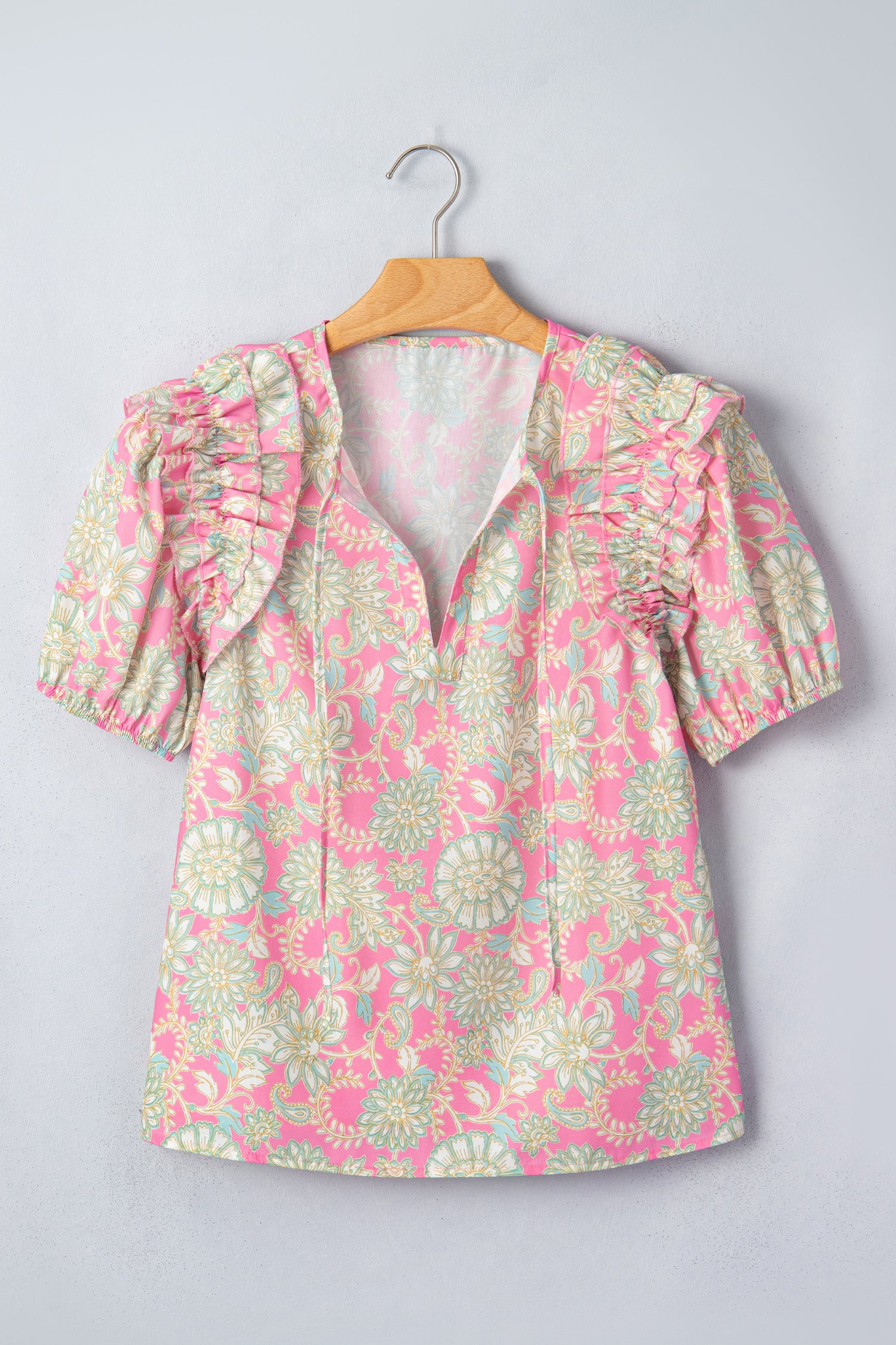 Tie V Neck Floral Short Puff Sleeve Blouse – Pink