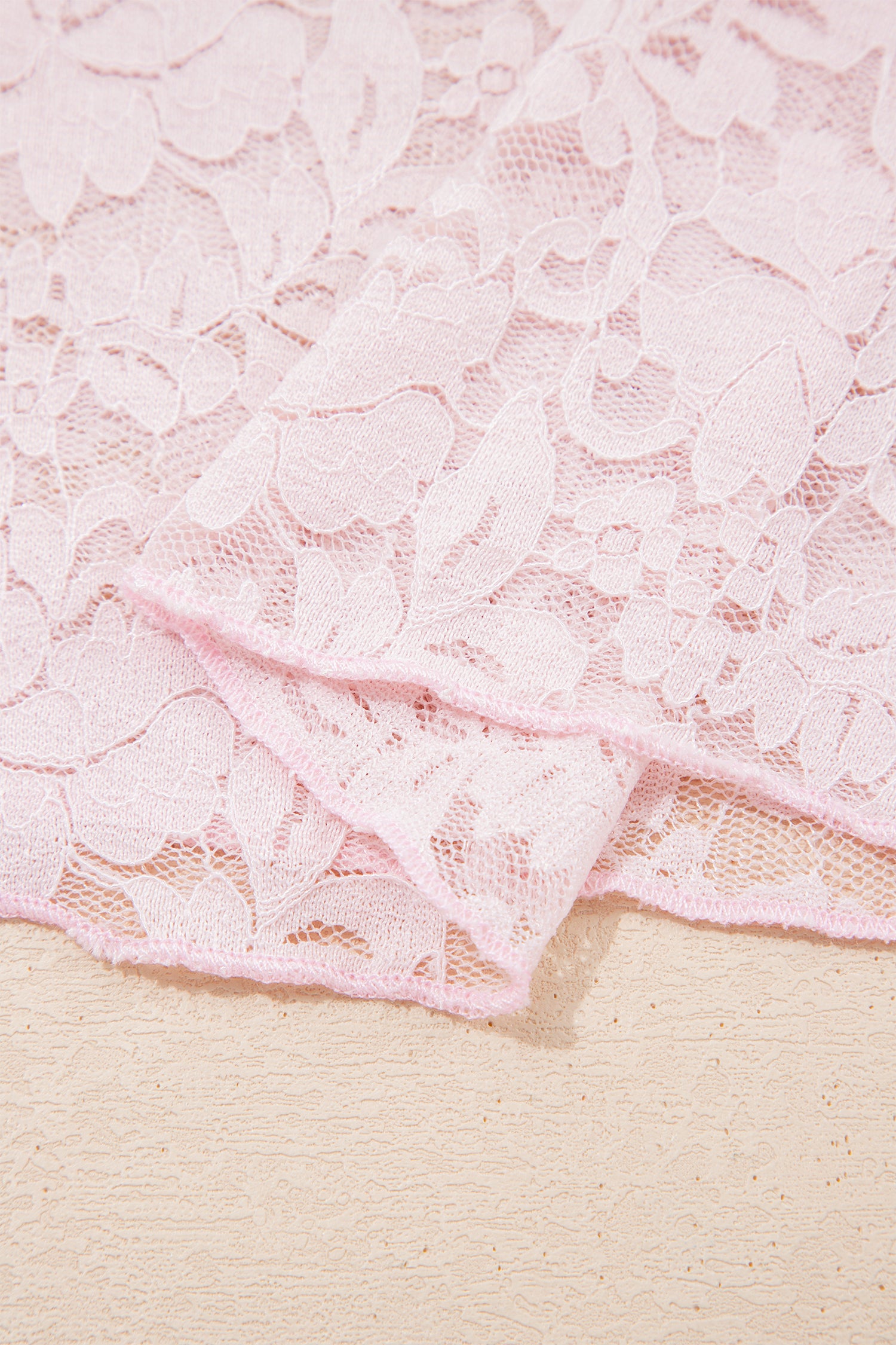 Floral Lace Long Sleeve Stand Neck Pullover Top – Light Pink