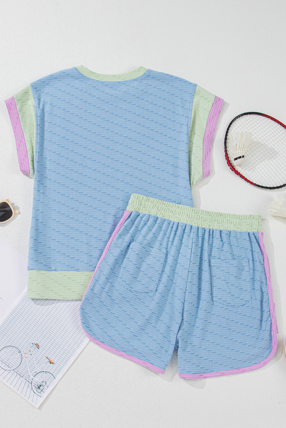 Beau Blue Ribbed Contrast Trim Round Neck Cap Sleeve 2pcs Short Co-ord Set eAura