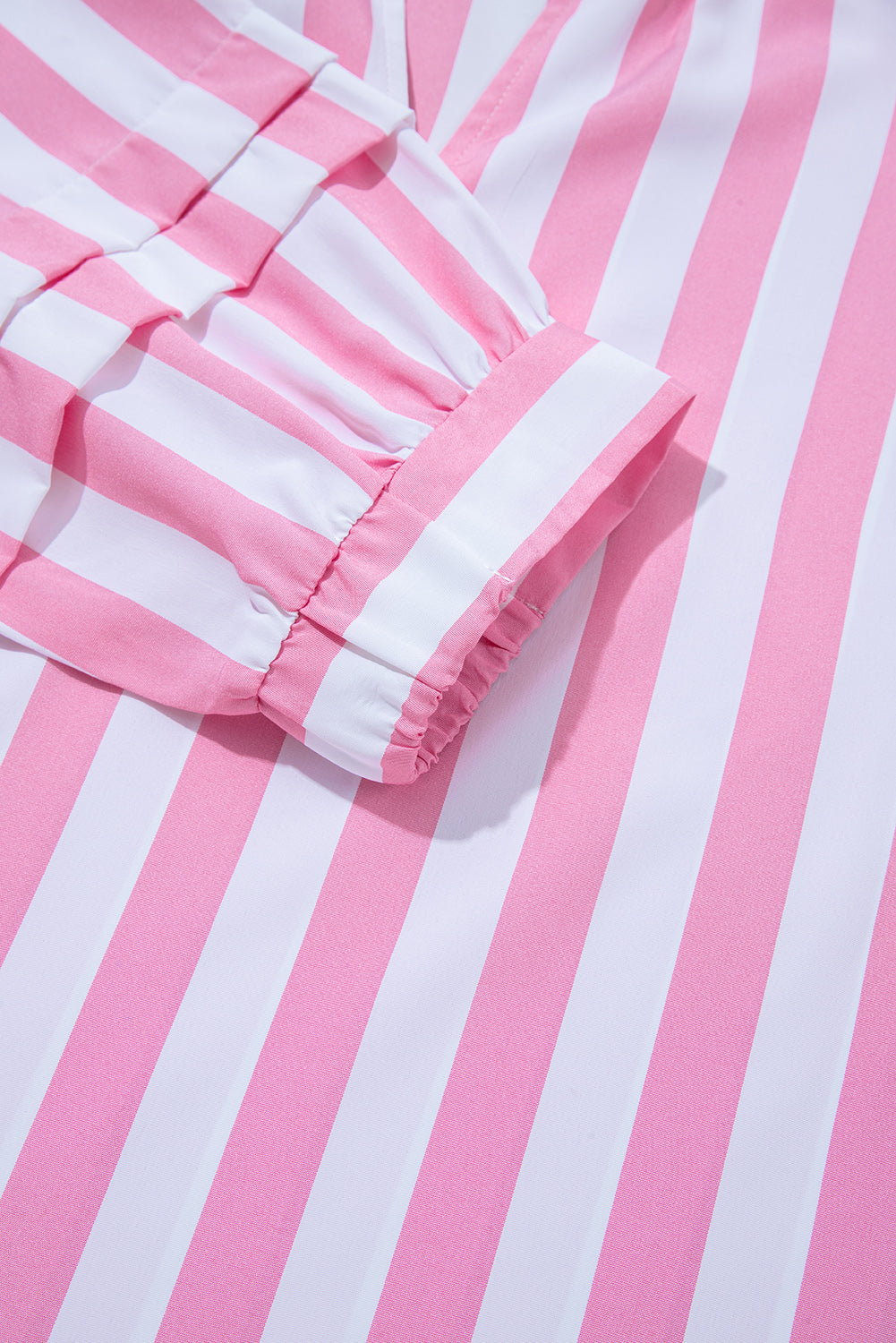 Stripe Split Neck Button Decor Front Puff Sleeve Blouse - eAura