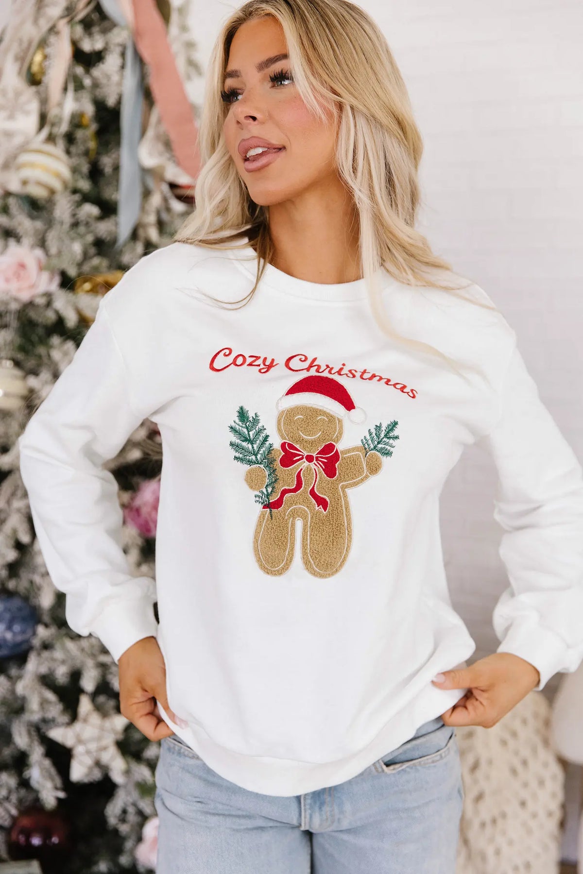 Pullover Sweatshirt Embroidered Gingerbread Cosy Christmas Long Sleeve Round Neck