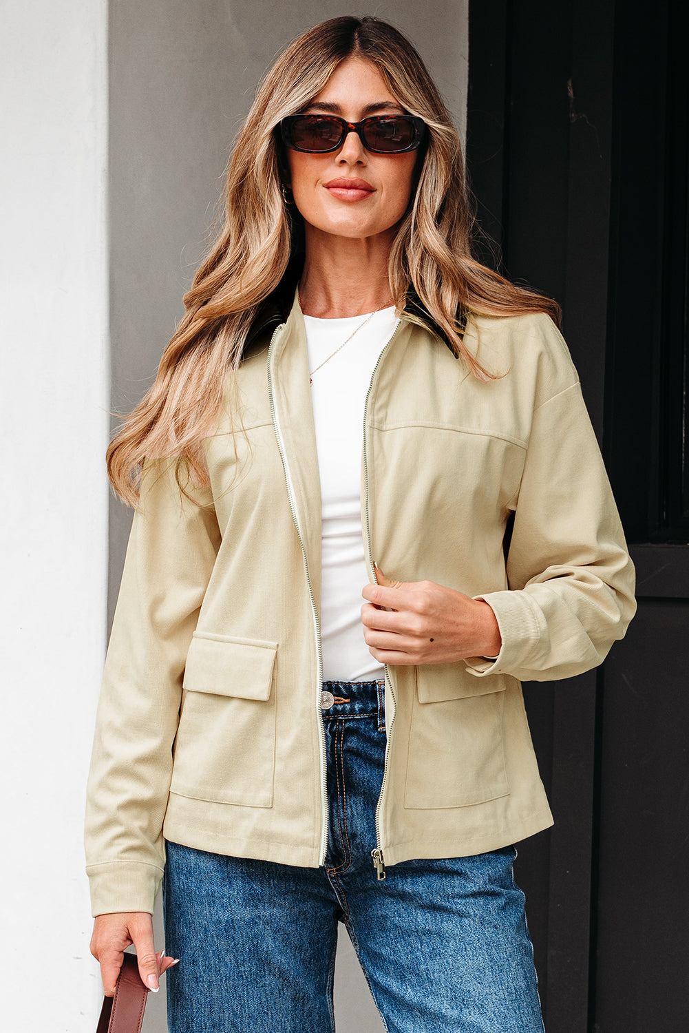Contrast Faux Leather Collar Textured Zip-Up Jacket - eAura