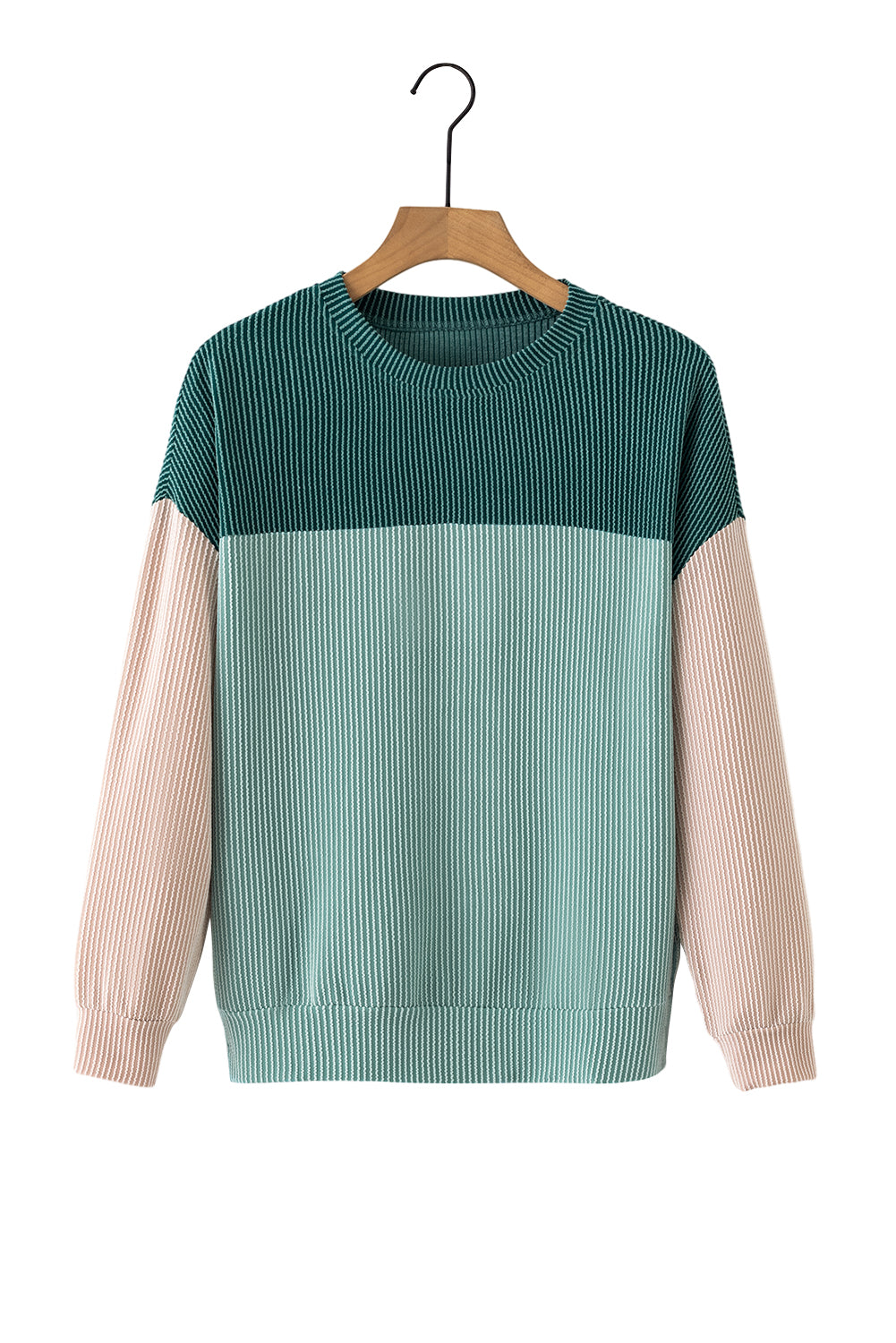 Khaki Colour Block Long Sleeve Ribbed Loose Top eAura