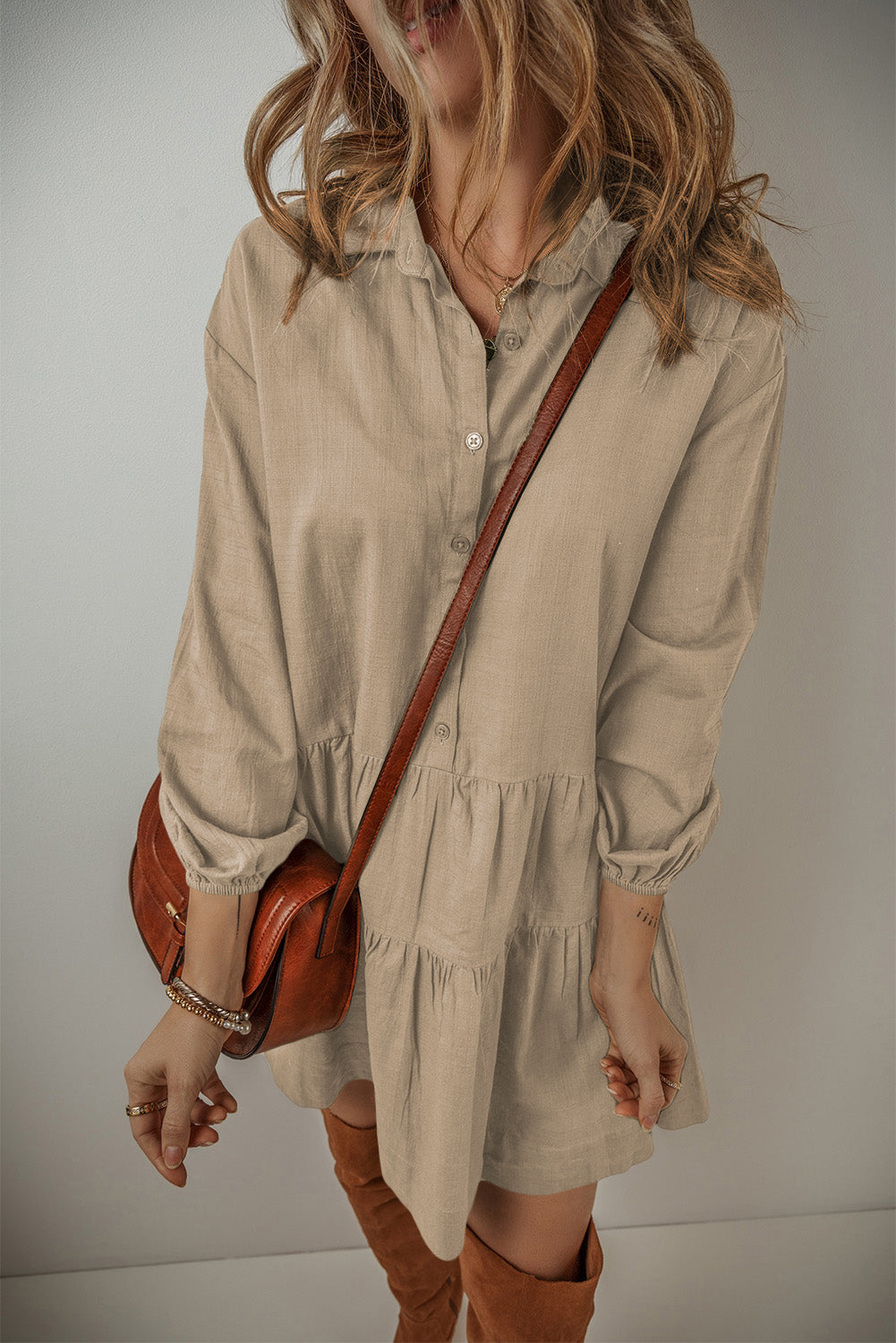 Tan Puff Sleeve Buttoned Tiered Pleated Shirt Mini Dress Beagle Boutique Fashion Outlet