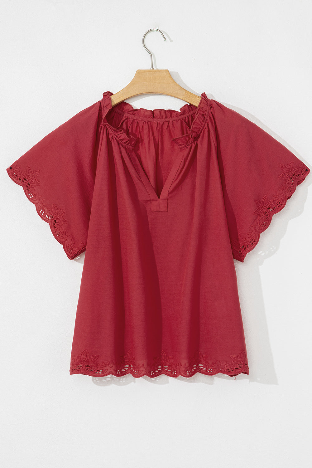 Red Dahlia Floral Embroidered Scallop Trim Short Sleeve V Neck Blouse eAura