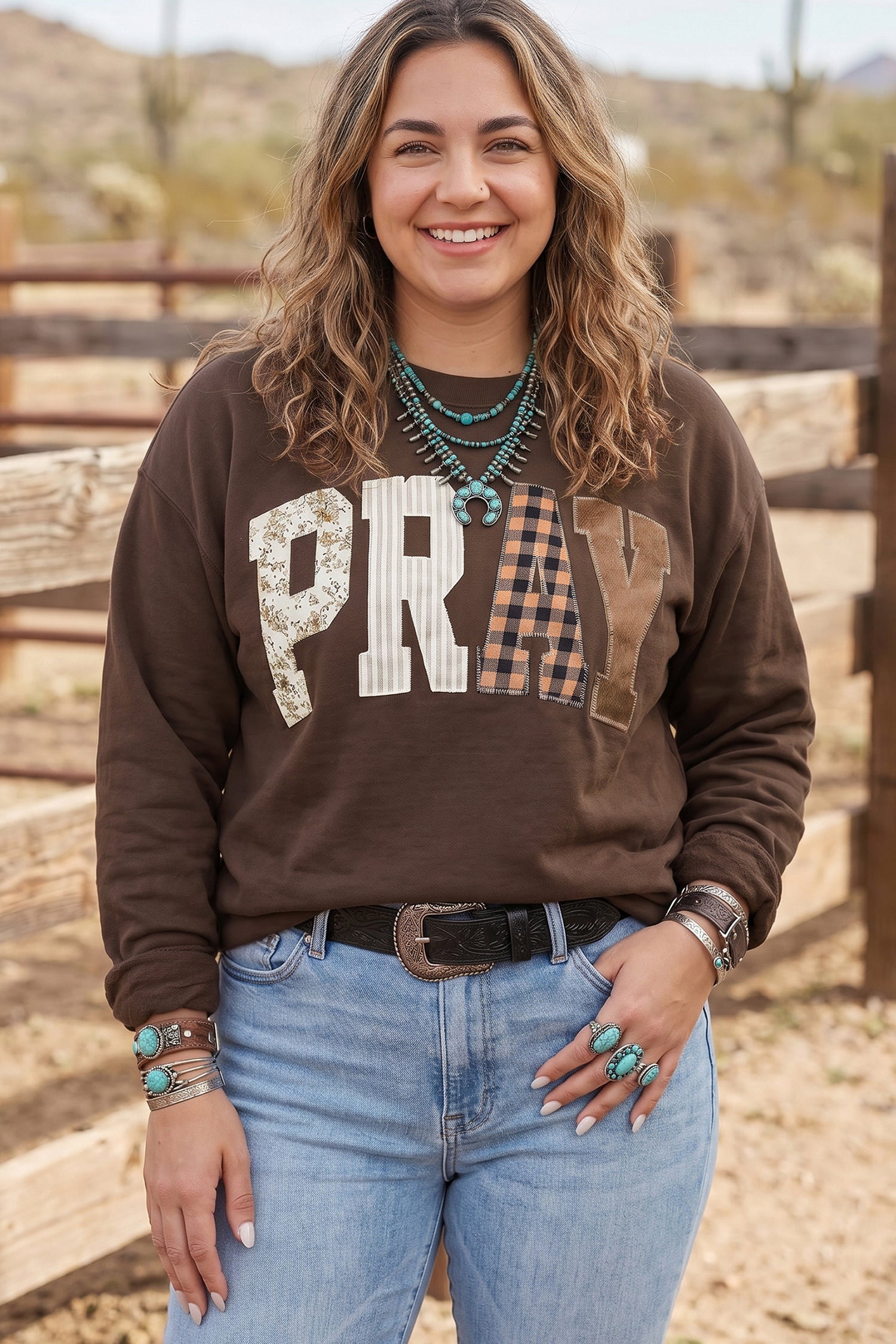 Coffee PRAY Letter Patchwork Round Neck Long Sleeve Plus Size Sweatshirt – Brown