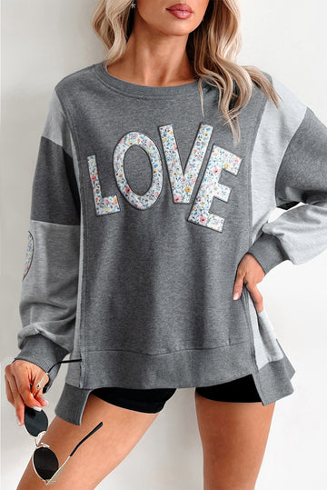 LOVE Graphic Exposed Seam Patchwork Uneven Hem Chic Sweatshirt - eAura