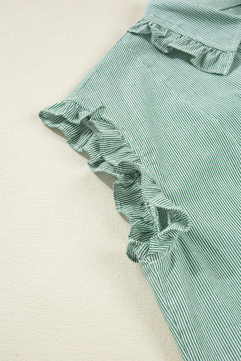 Green Stripe Frilled Sleeveless Collar Front Pocket Button Up Mini Dress eAura