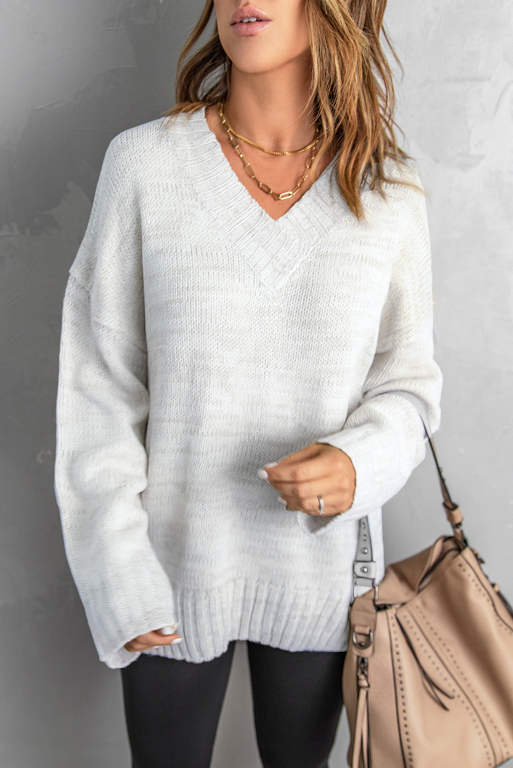 White V neck Drop Shoulder Knitted Sweater eAura