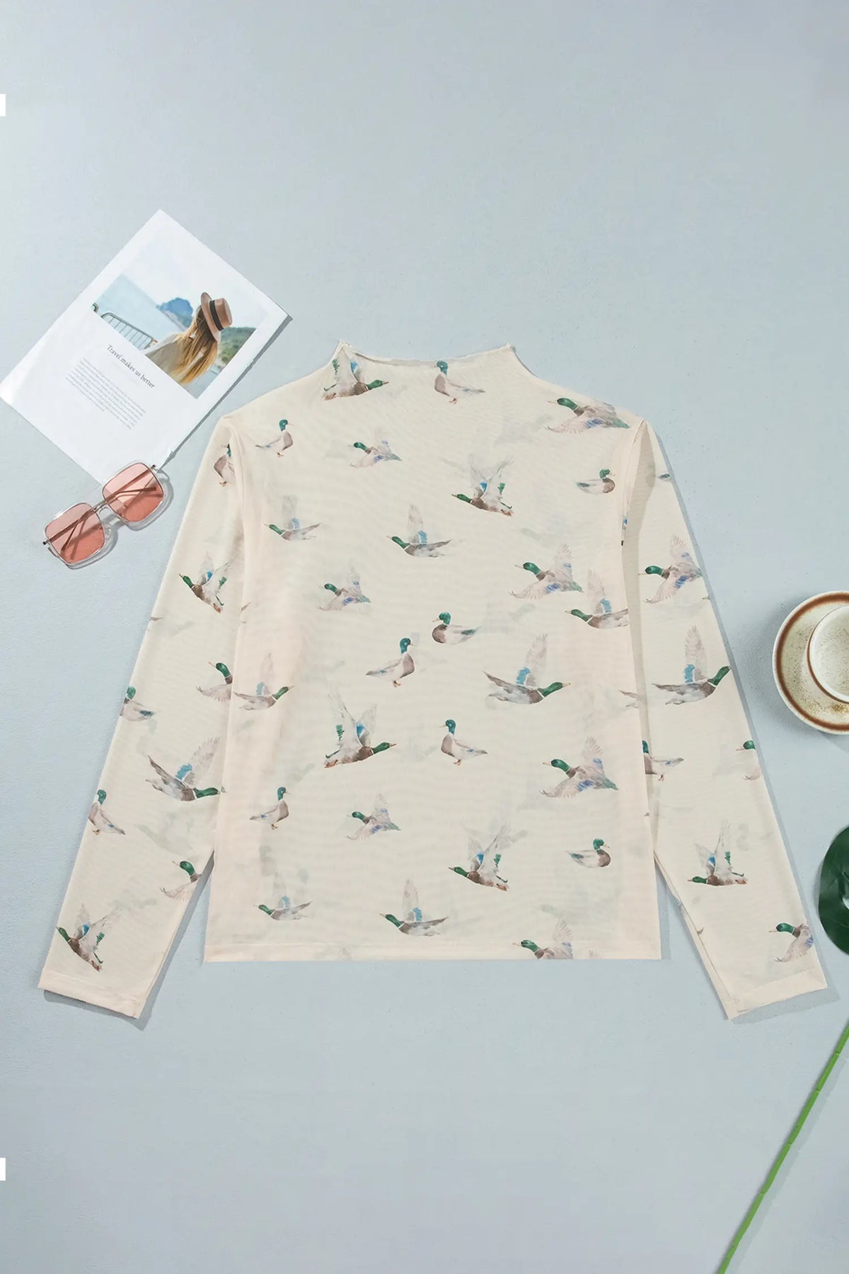 Mesh Duck Print Tunic Long Sleeve Plus Size Blouse – Beige