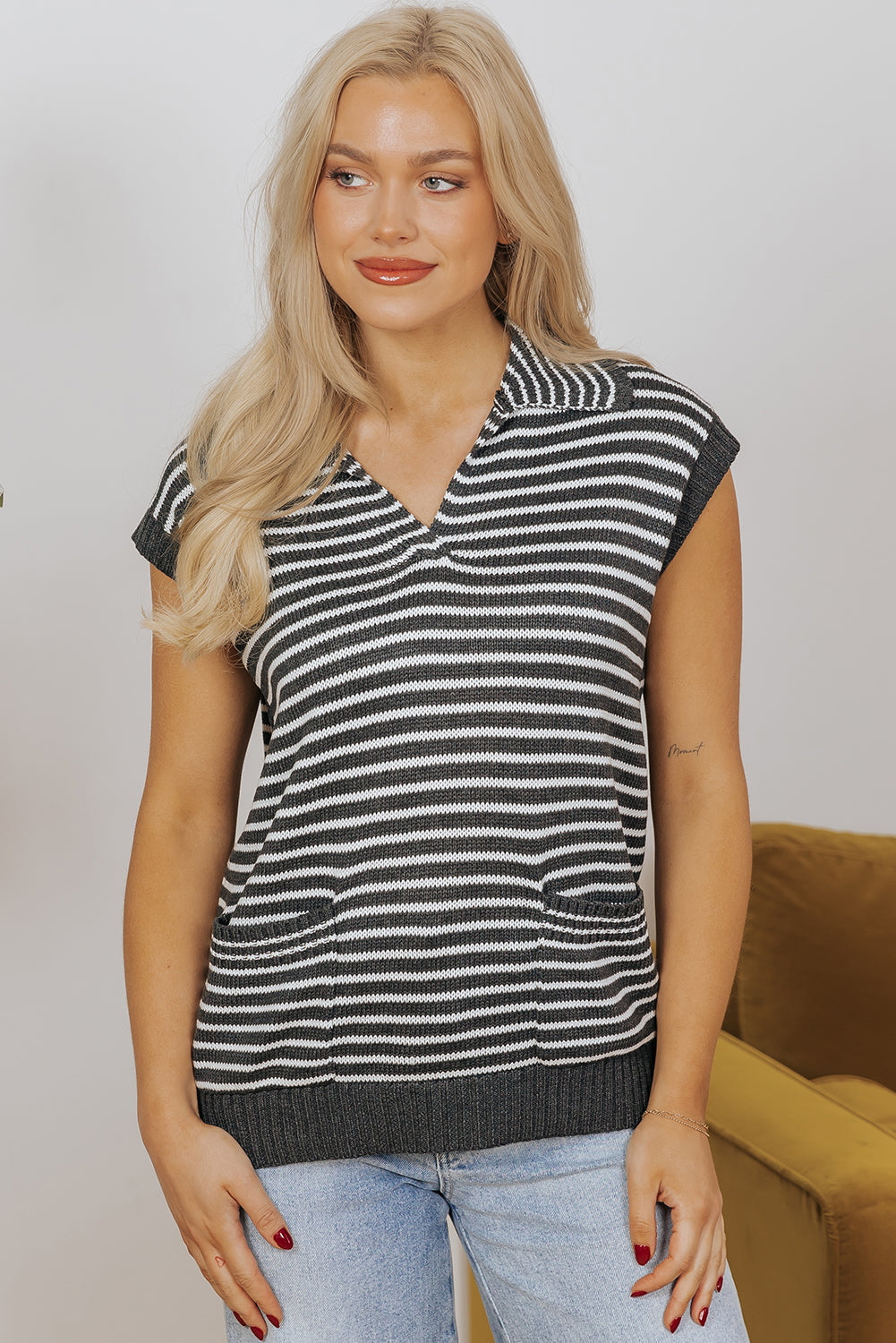 Grey Stripe Collared V Neck Sweater Vest with Pockets eAura