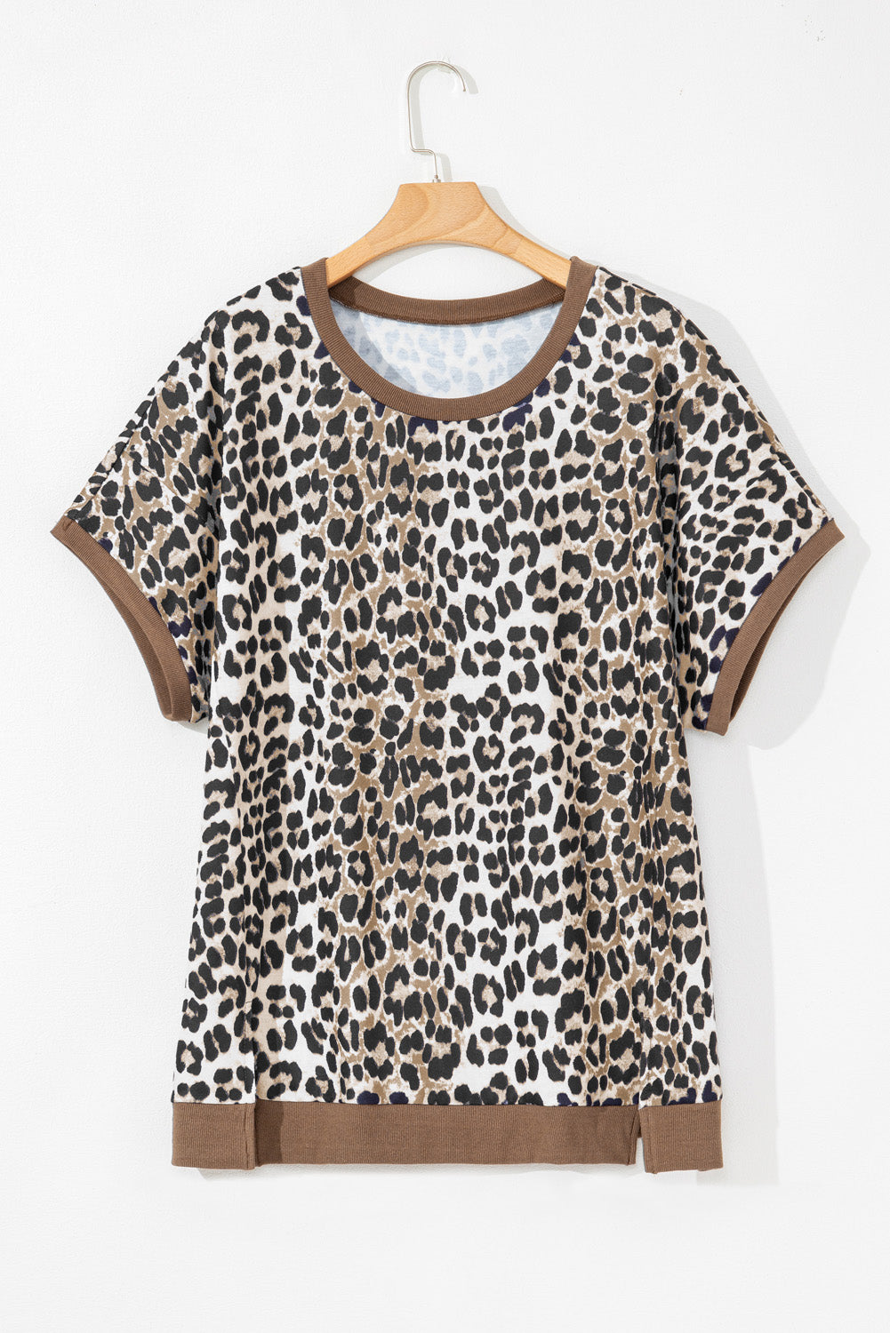 Khaki Leopard Contrast Trim Short Sleeve Loose Plus Size Top BB Fashion Outlet
