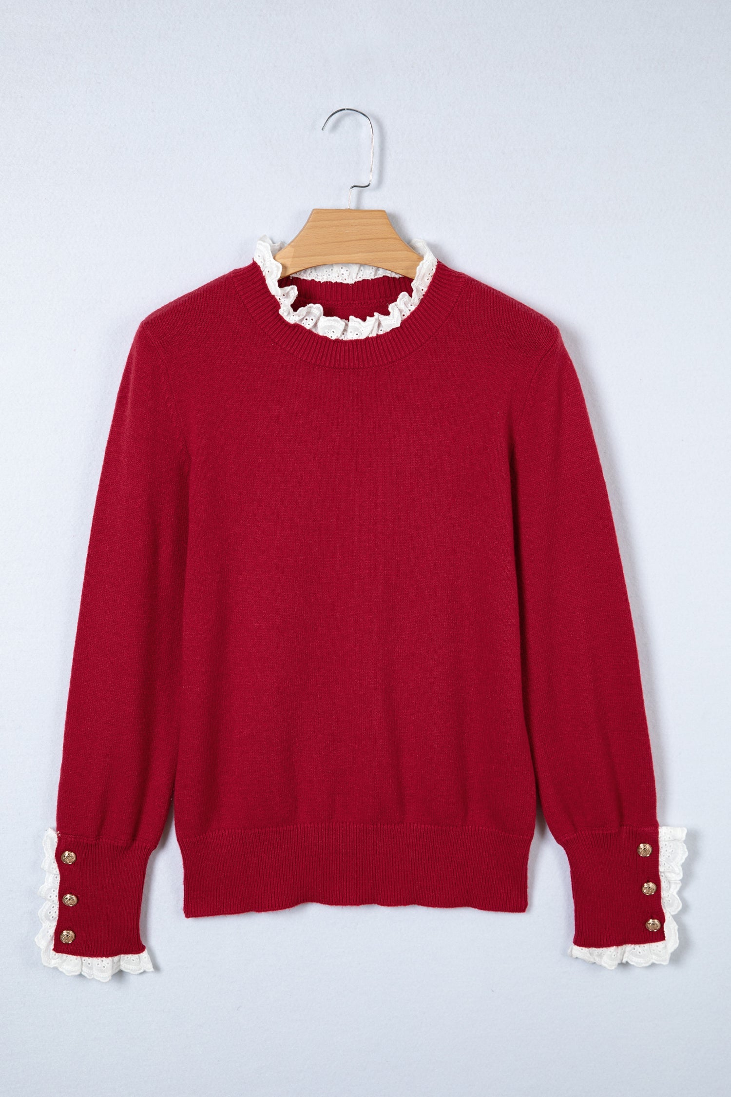 Lace Trim Sweater Patchwork Buttoned Cuffs Loose - Sweaters & Cardigans/Sweaters