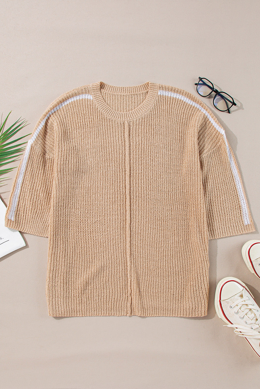Light French Beige Contrast Striped 3/4 Sleeve Crew Neck Sweater eAura