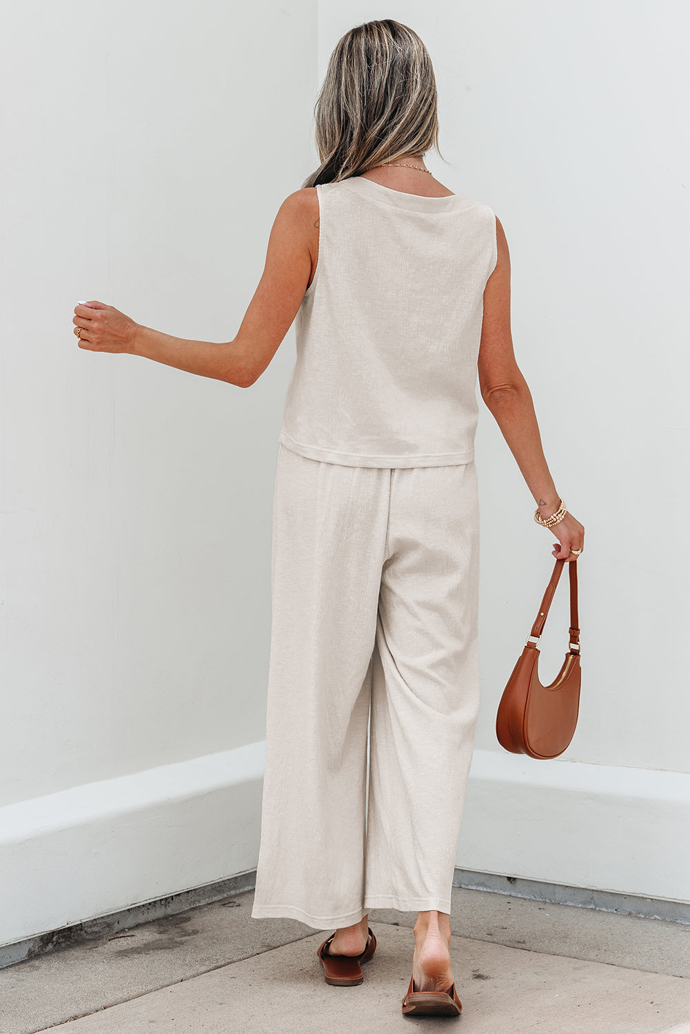 Apricot Buttoned V Neck Tank Top and Wide Leg Trousers Casual Outfit eAura