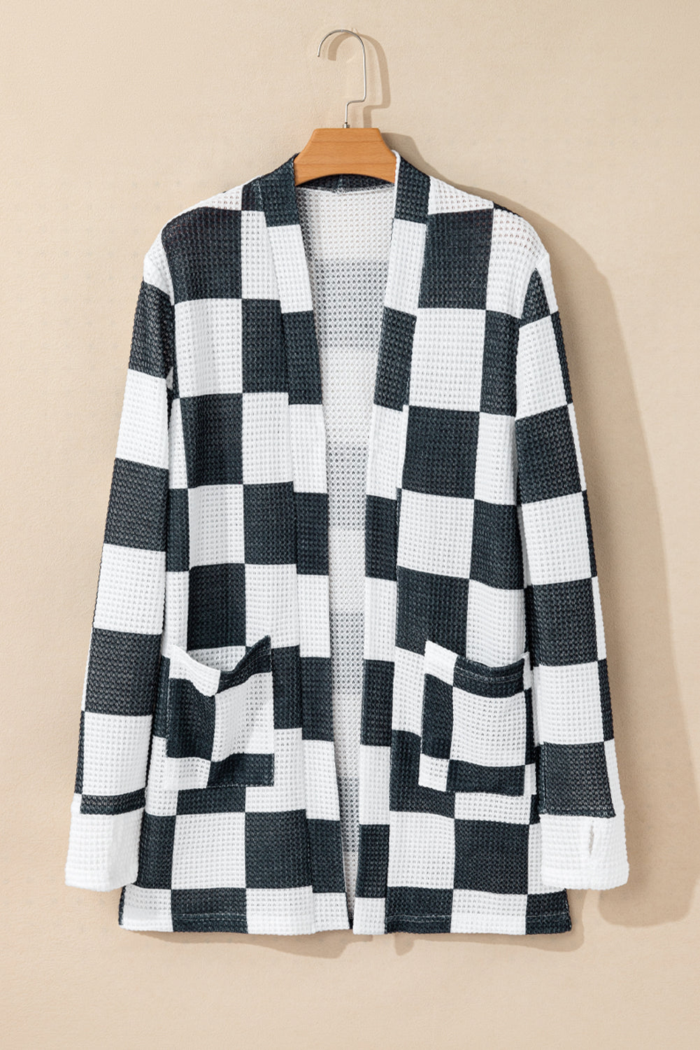Black Checkered Waffle Knit Thumbhole Open Front Cardigan eAura