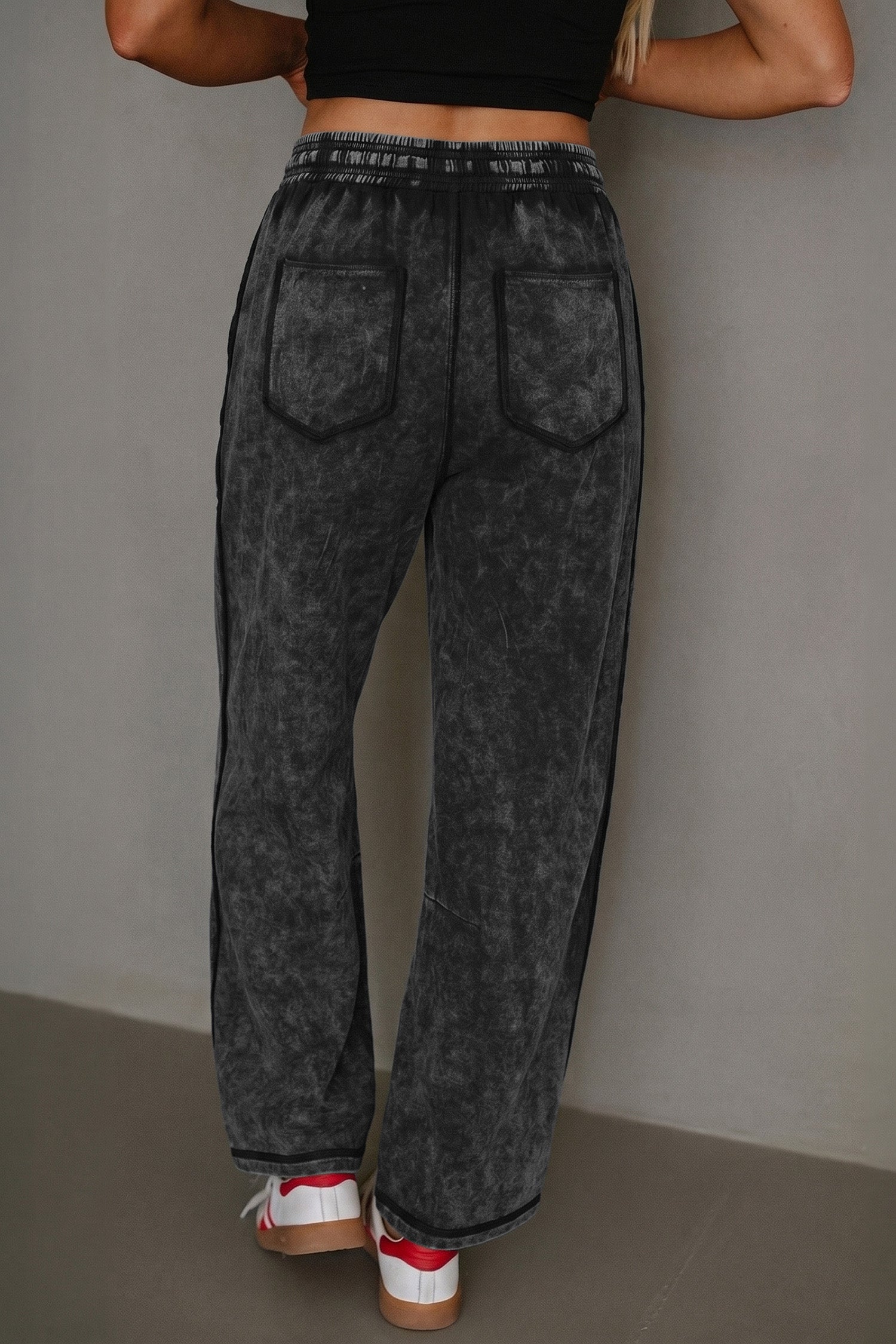 Mineral Wash Raw Seam Drawstring Elastic Waist Barrel Pants – Black