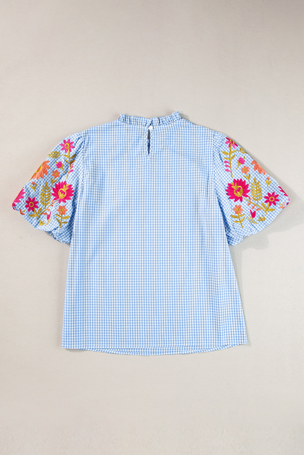 Light Blue Gingham Floral Embroidered Puff Sleeve Blouse eAura