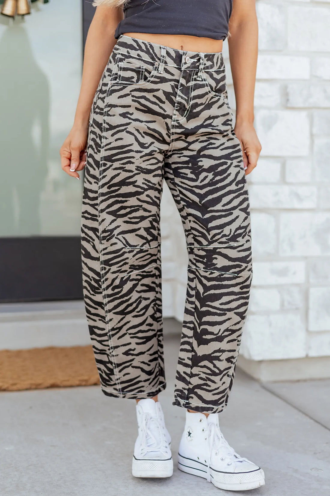 Zebra Stripe Printed Wide Leg Barrel Jeans – Grey