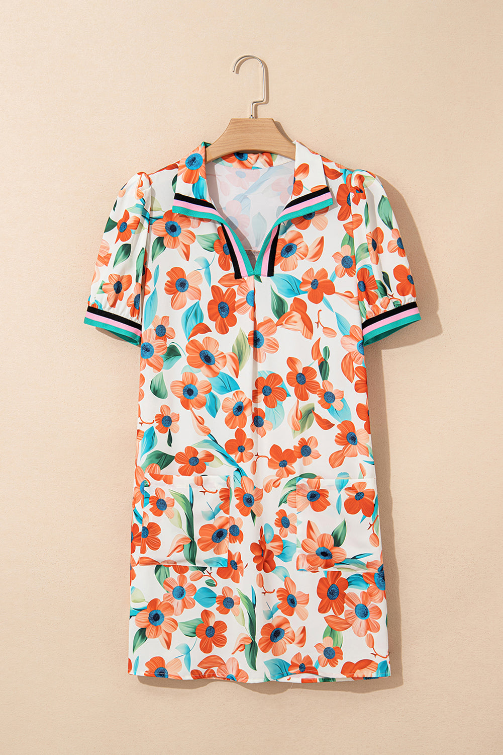 Contrast Trim Floral Split Neck Puff Short Sleeve Tiered Mini Dress eAura