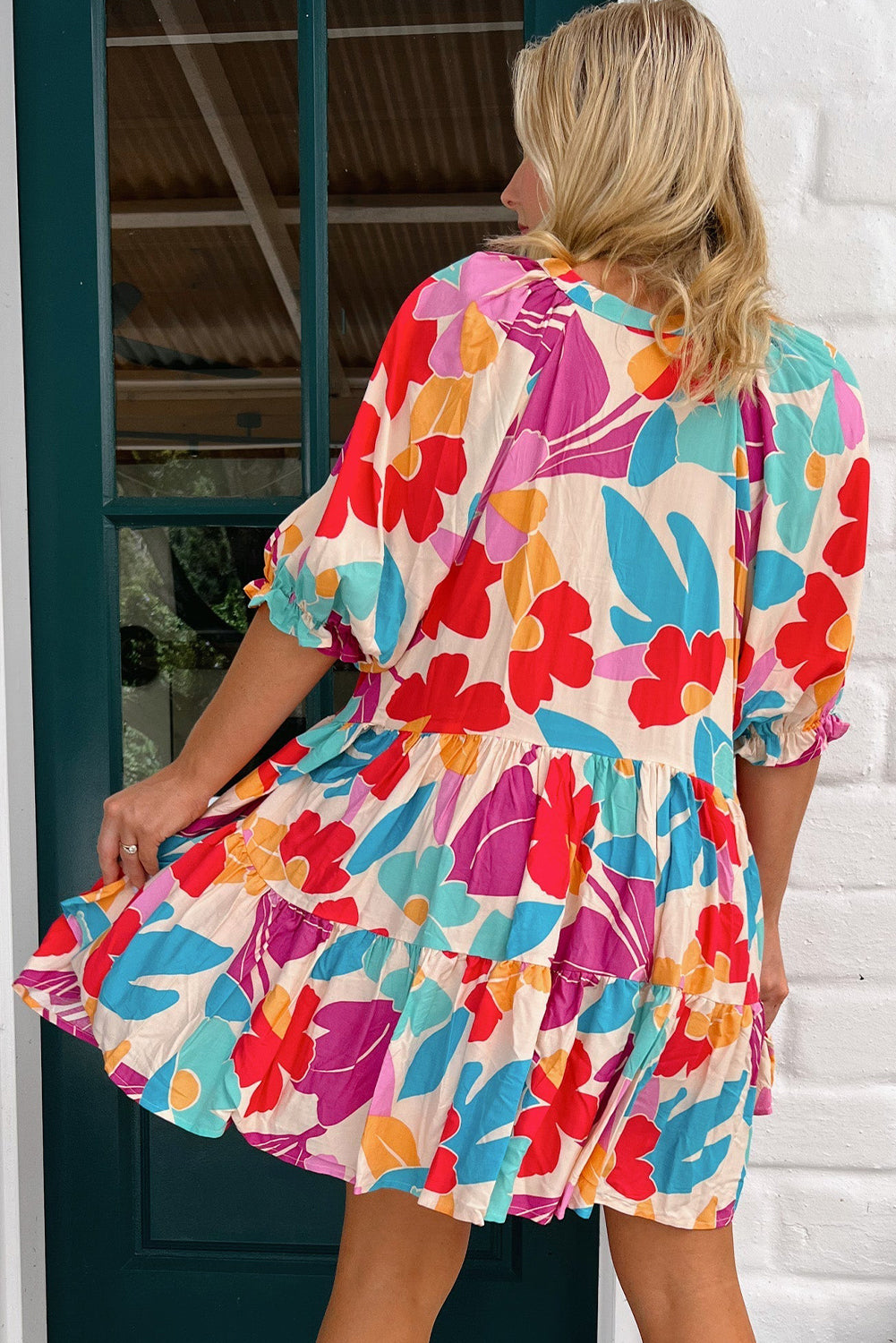 Rose Red Floral Bubble Sleeve V Neck Tiered Ruffle Babydoll Dress eAura