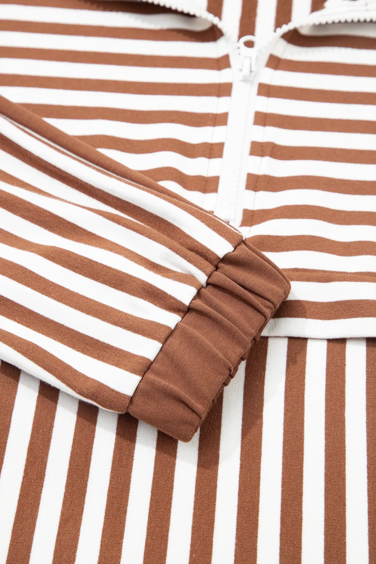 Colour Block Patchwork Quarter Zip Pullover Sporty Shorts Set – Brown Stripe
