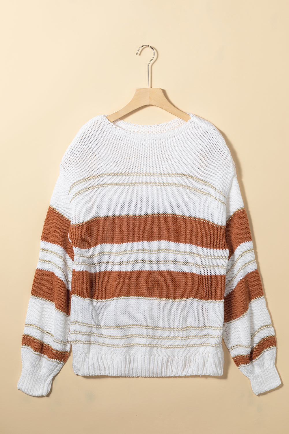 White Striped Knit Puff Sleeve Casual Sweater eAura