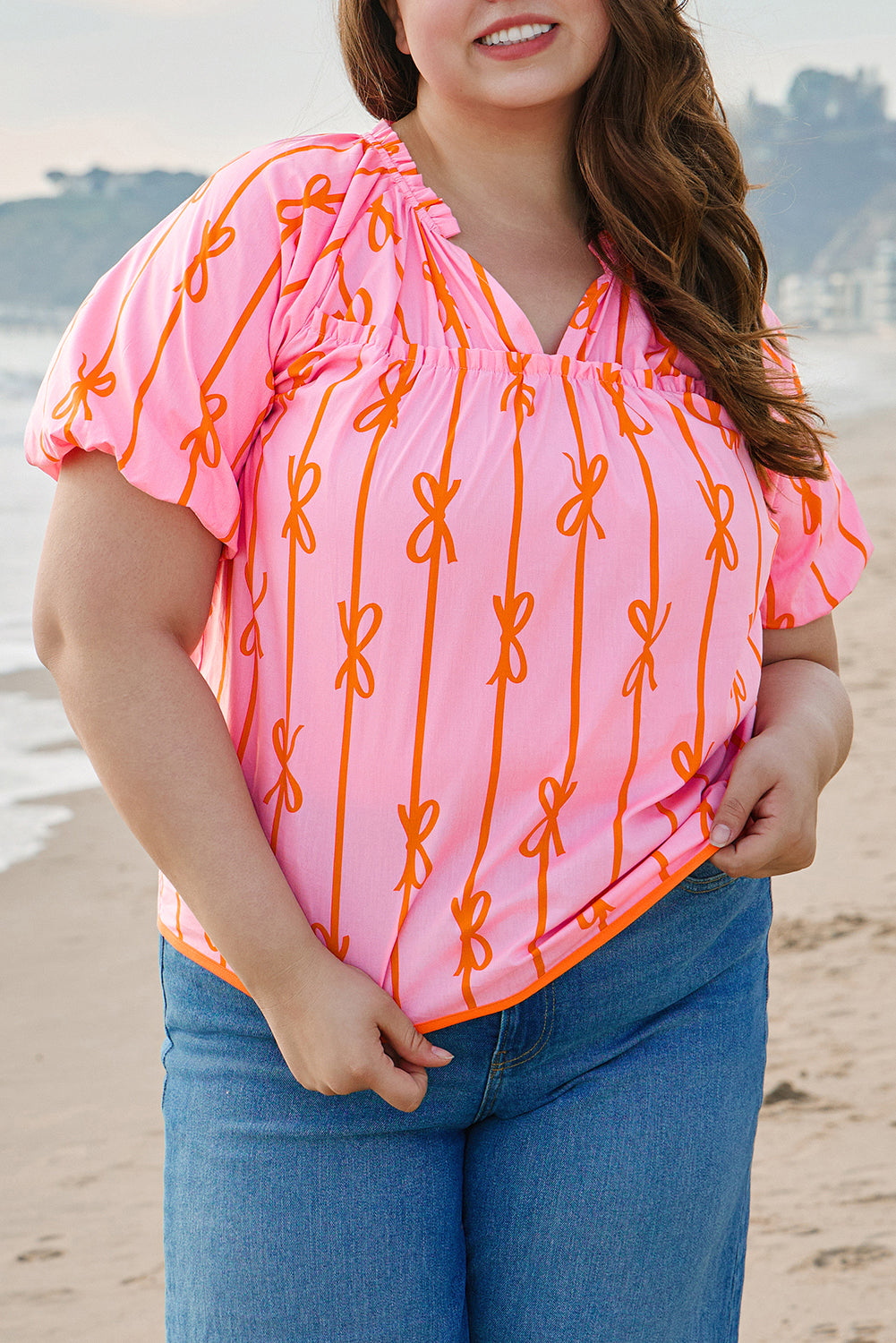Rose Bowknot Print Shirred V Neck Puff Sleeve Plus Size Blouse BB Fashion Outlet