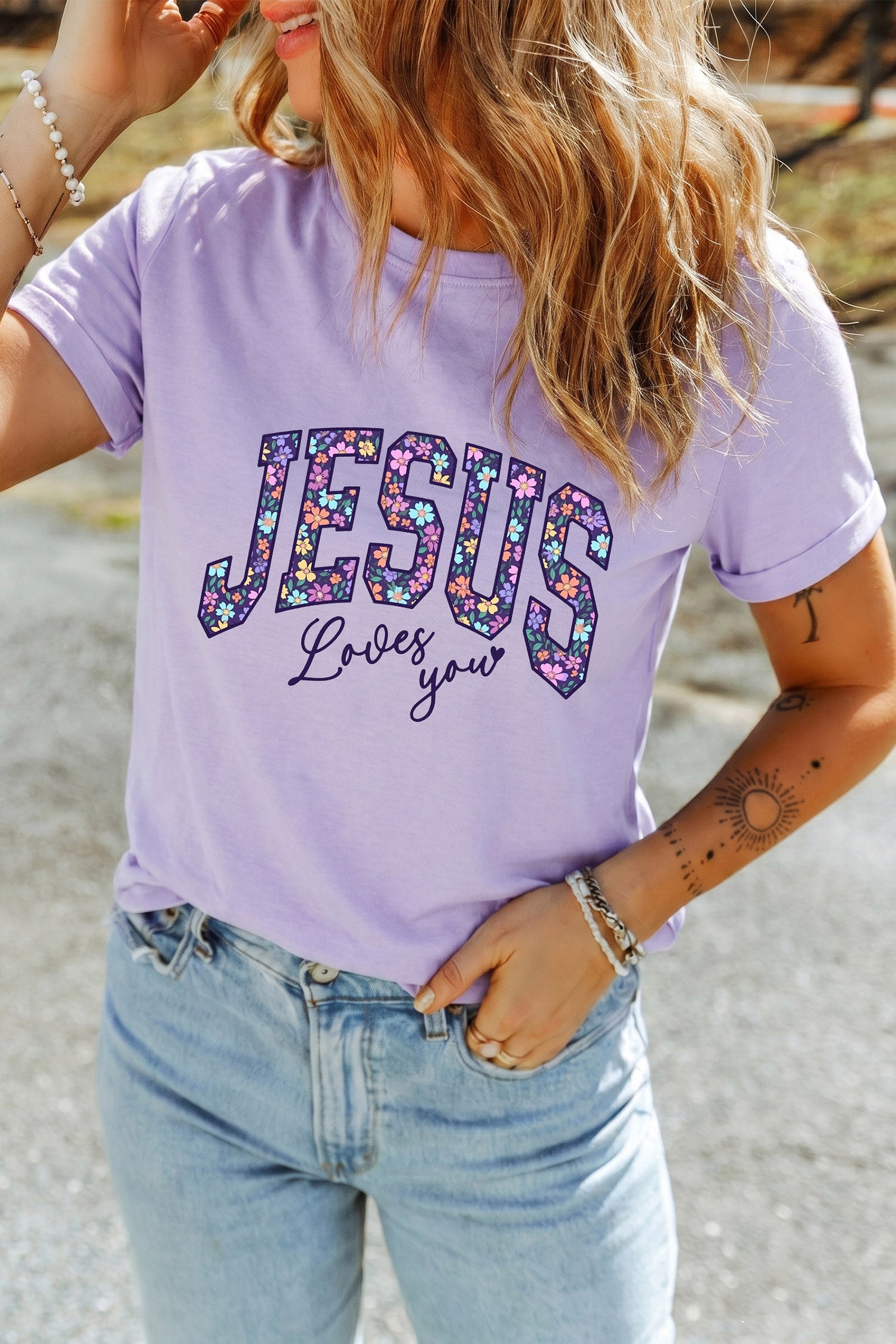 Christian Floral Letter Graphic Round Neck T Shirt – Orchid Petal