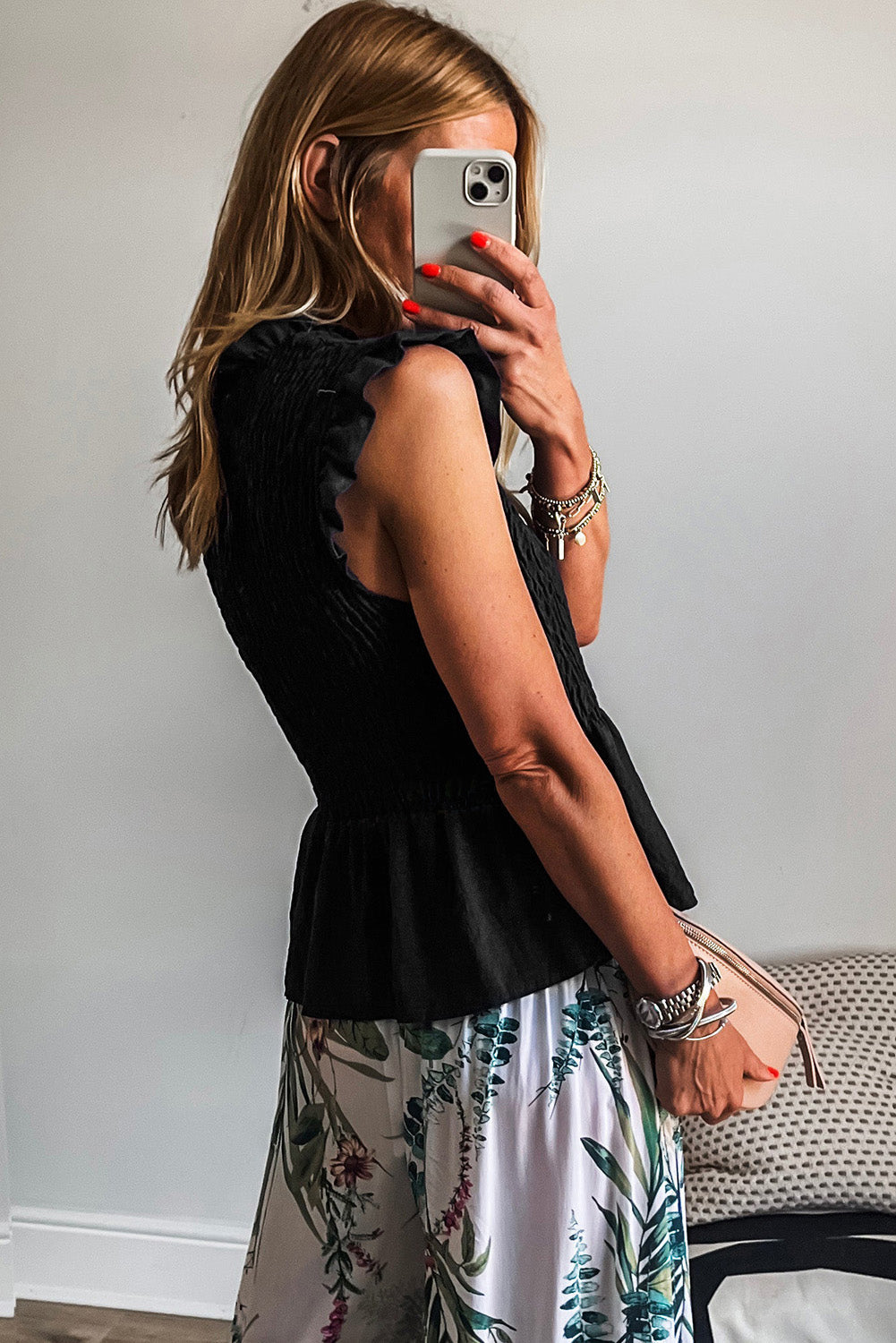 Black Ruffle Short Sleeve Shirred Peplum Top eAura