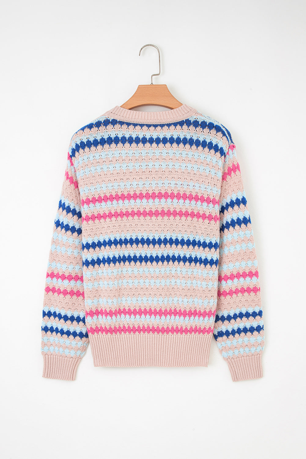 Striped Eyelet Patterned Drop Shoulder Knit Sweater - eAura