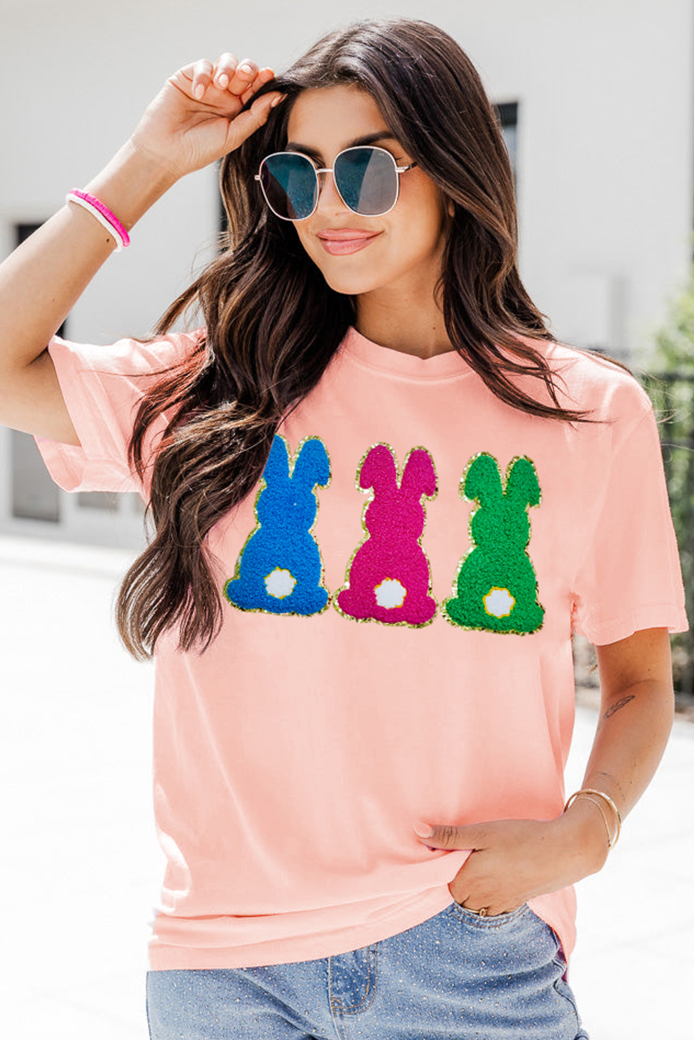 Pink Easter Bunny Chenille Patched Graphic Tee eAura