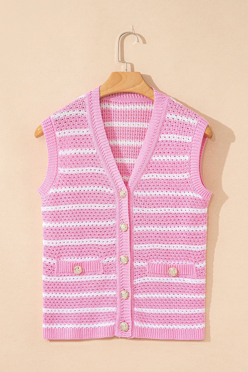Striped V Neck Gold Buttons Elegant Sleeveless Sweater eAura