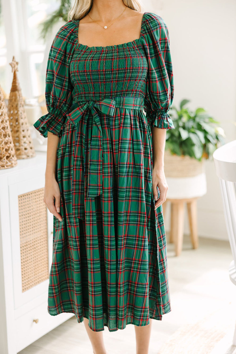Tartan Plaid Square Neck Puff Sleeve Knot Waist Flared Midi Dress - eAura