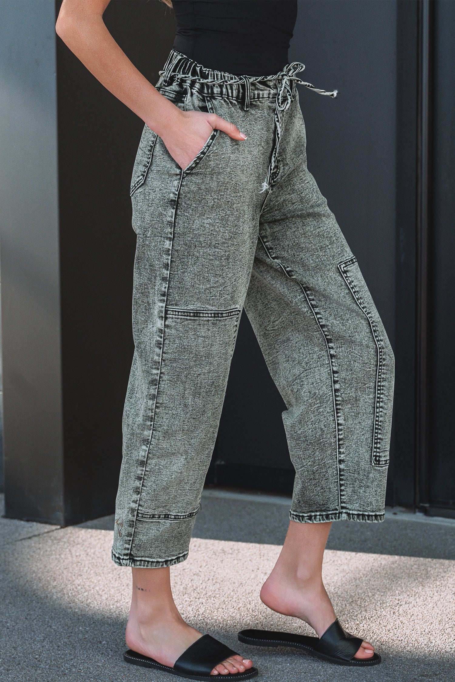 Gray Acid Wash Tie Waist Denim Pants