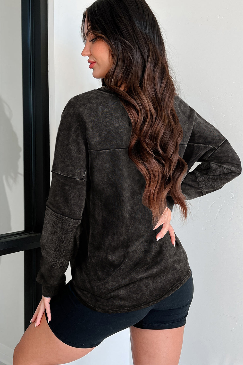 Mineral Wash Exposed Seam Buttoned V-Neck Pullover Top eAura