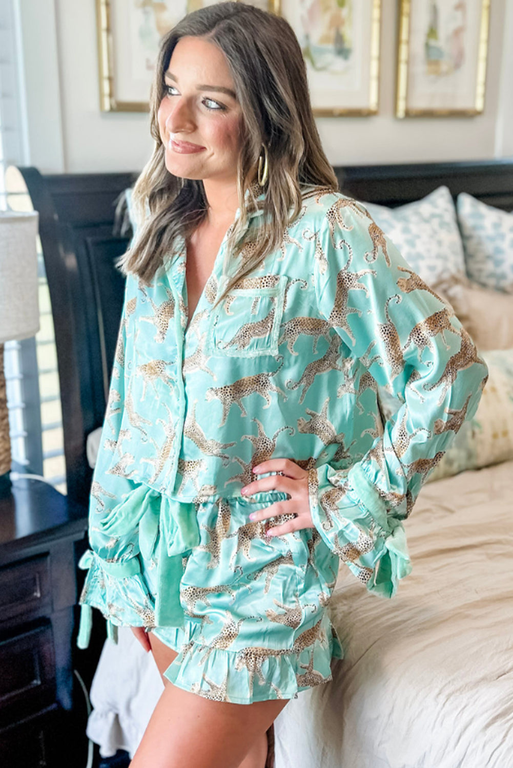 Green Leopard Satin Ruffle Pyjama Short Set eAura