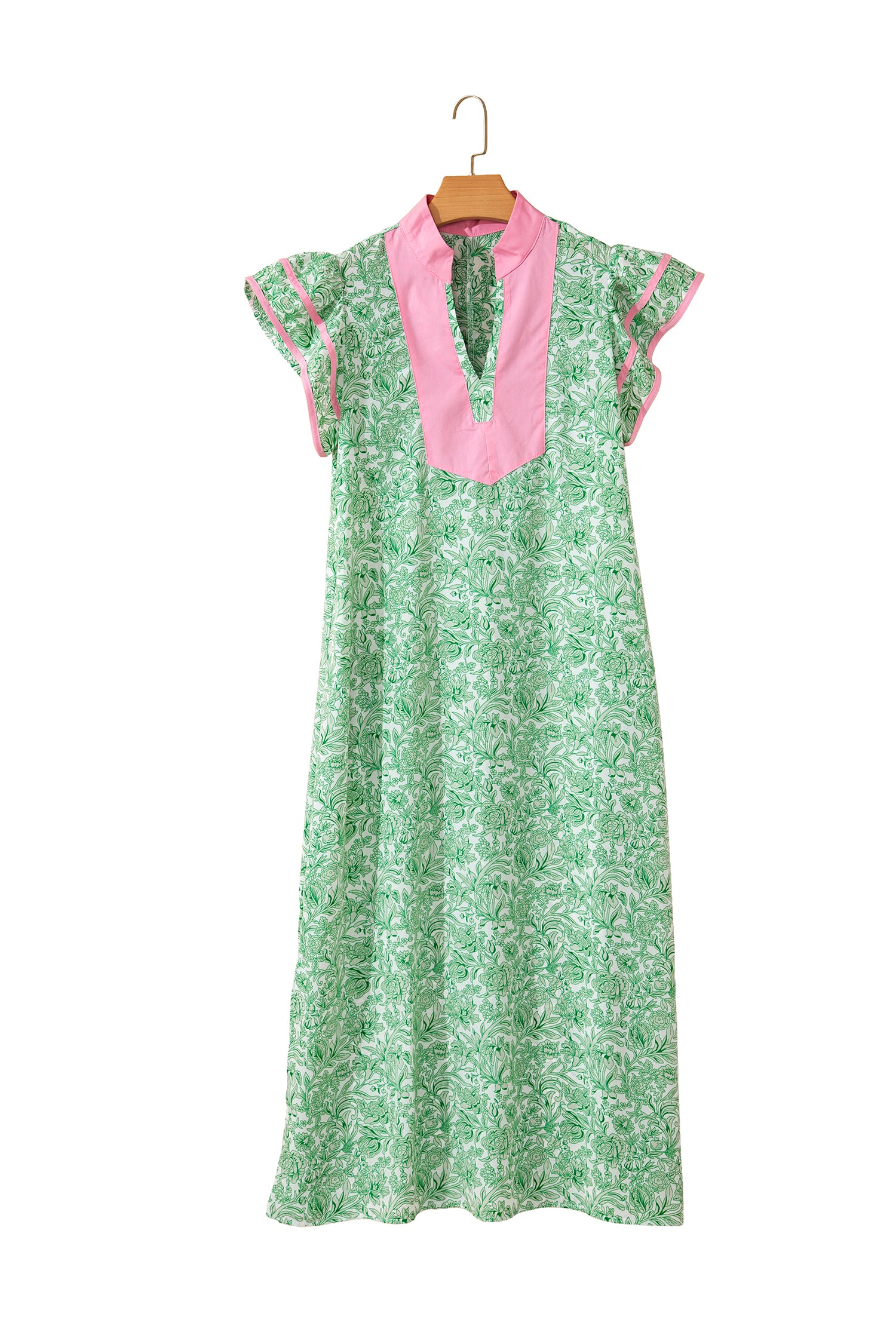 Floral Print Colour Block Patchwork V-Neck Short Sleeve Midi Dress