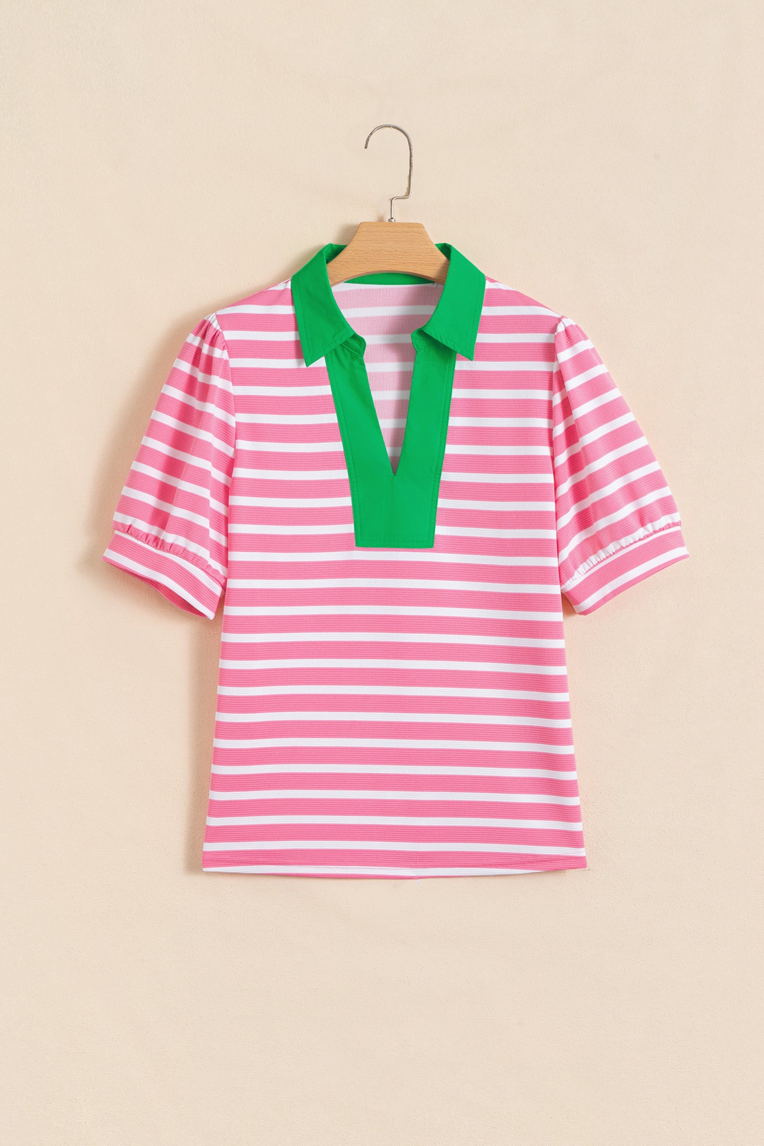 Short Puff Sleeve Color Block Polo Collar Blouse – Pink Stripe