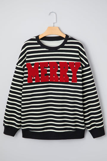 Black Stripe Contrast MERRY Letter Christmas Print Drop Shoulder Sweatshirt - eAura