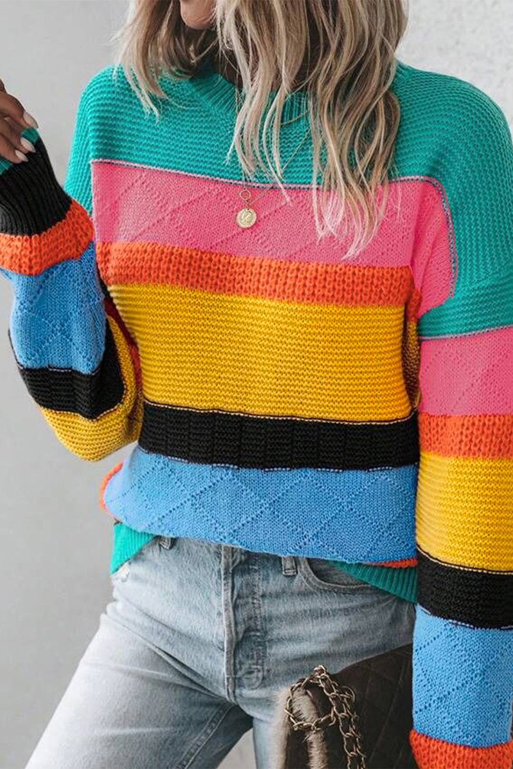 Yellow Colourblock Mixed Textured Drop Shoulder Sweater eAura
