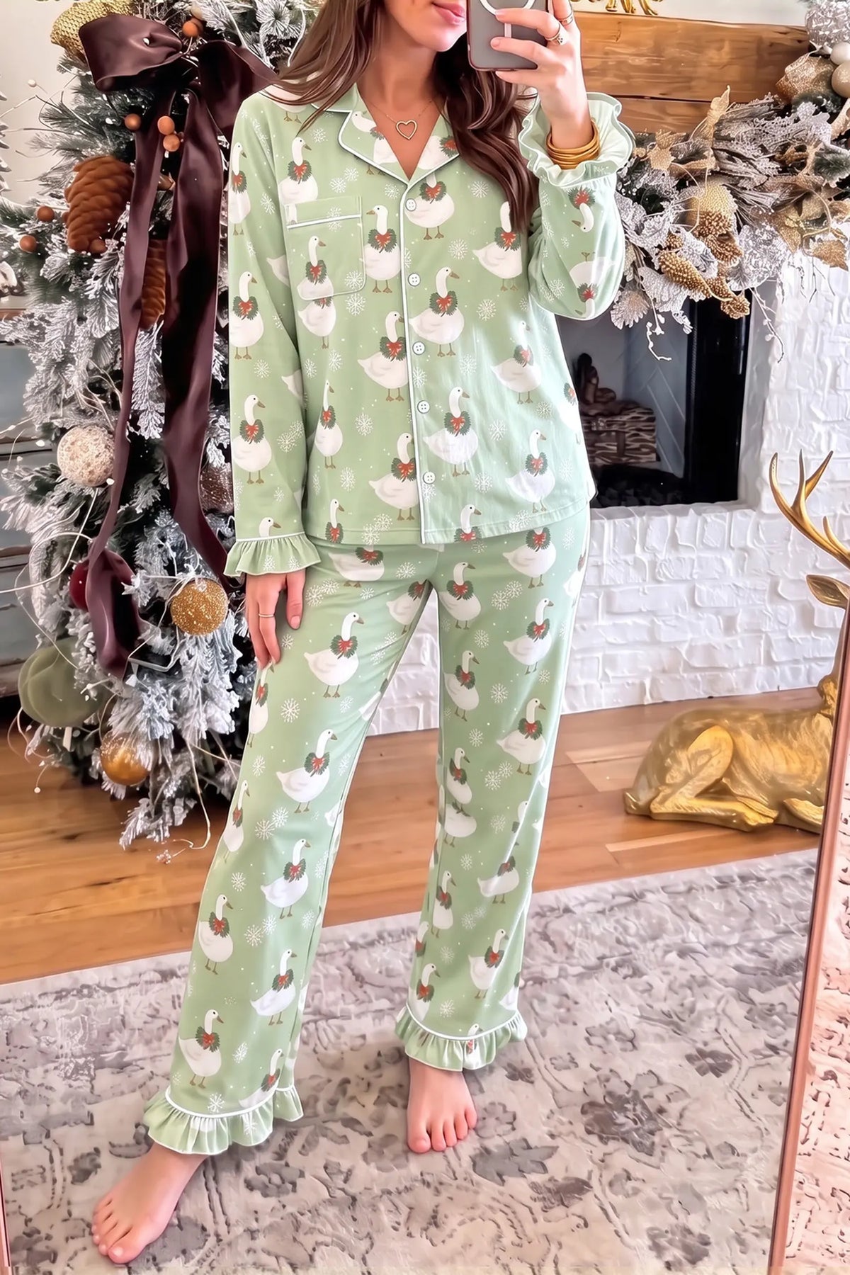 Shirt-Style Pajama Set Goose Snowflake Print with Ruffle Trim
