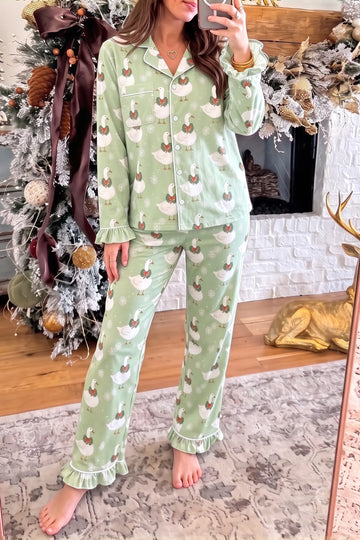 Shirt-Style Pajama Set Goose Snowflake Print with Ruffle Trim