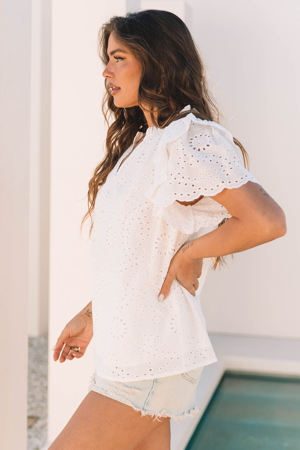 White Broderie Anglaise Ruffle Short Sleeve Blouse eAura
