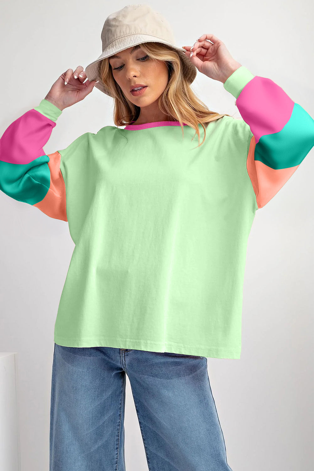 Dark Blue Colourblock Patchwork Long Sleeve Loose Top eAura
