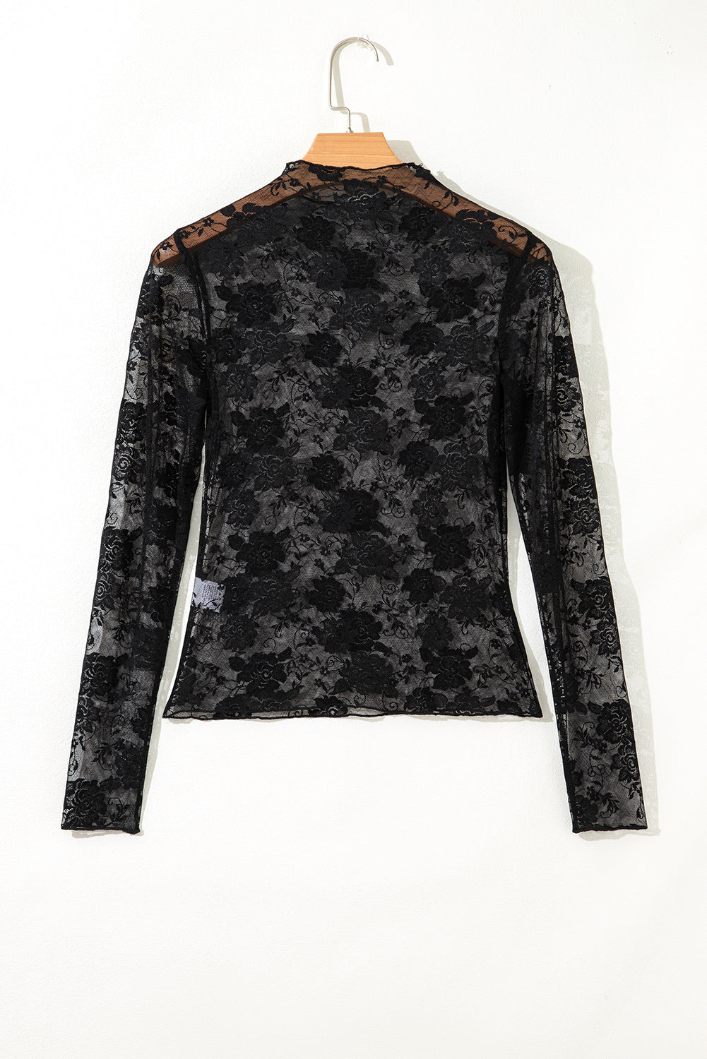 Sheer Floral Lace Mesh Mock Neck Long Sleeve Top - eAura