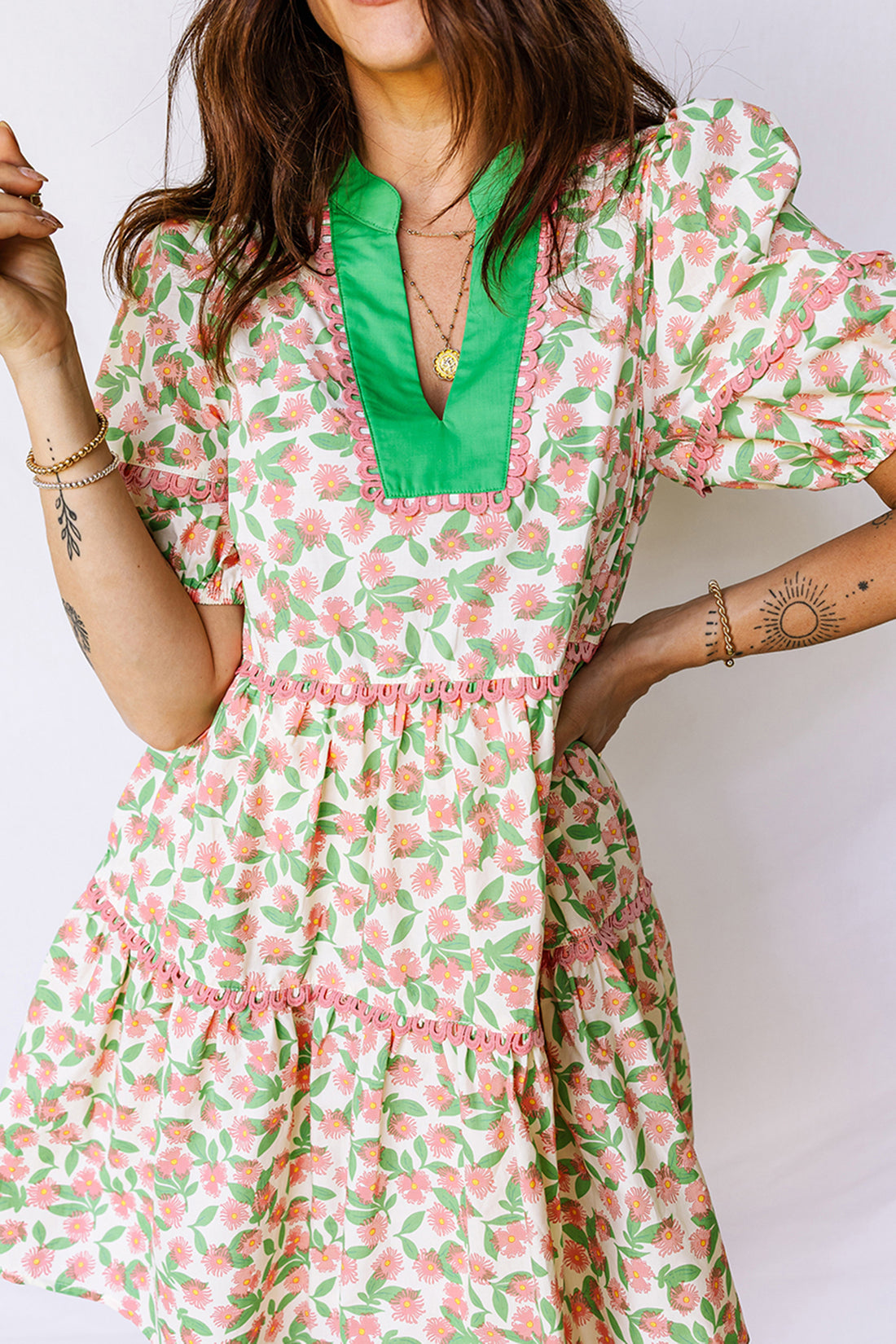 Green Contrast Neckline RicRac Trim Floral Short Puff Sleeve Dress