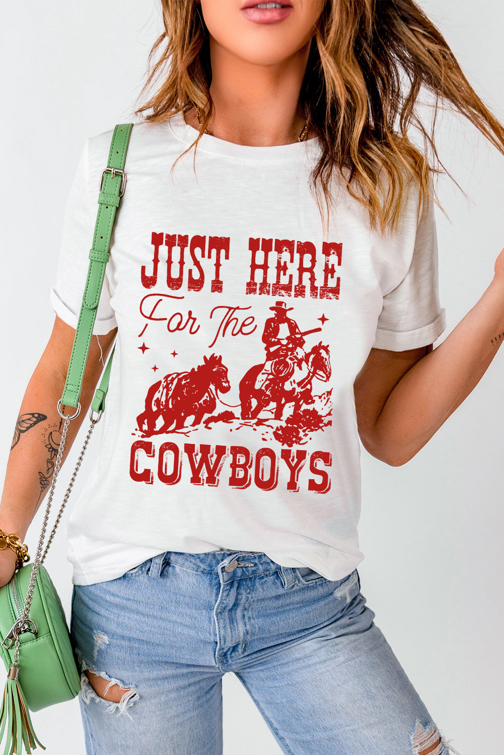 White JUST HERE For THE COWBOY Crew Neck T-Shirt